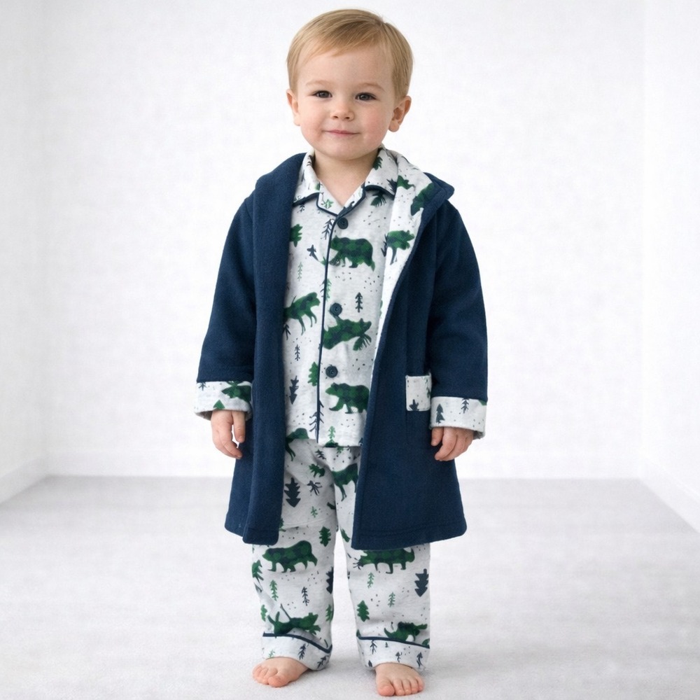 Bass Pro Shop Kids Pajama Set 24M Moose Plaid Robe Pants Button Up Blue Gray NWT